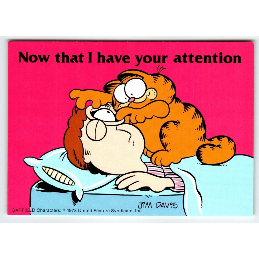 Garfield Postcard Orange Kitten Waking Up Owner In Bed Jim Davis 1978 Unused